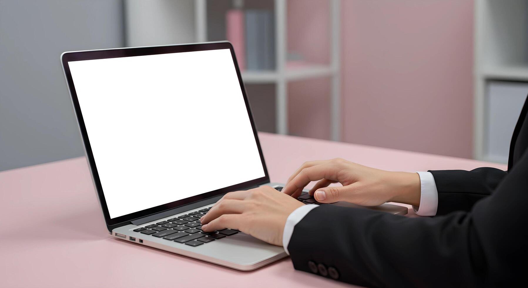 Laptop Typing on Desk with Blank Screen photo