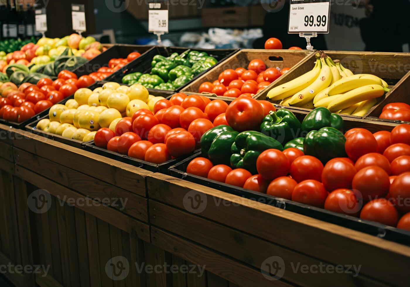 Fresh Produce Tomatoes, Peppers and Bananas in Grocery Display photo