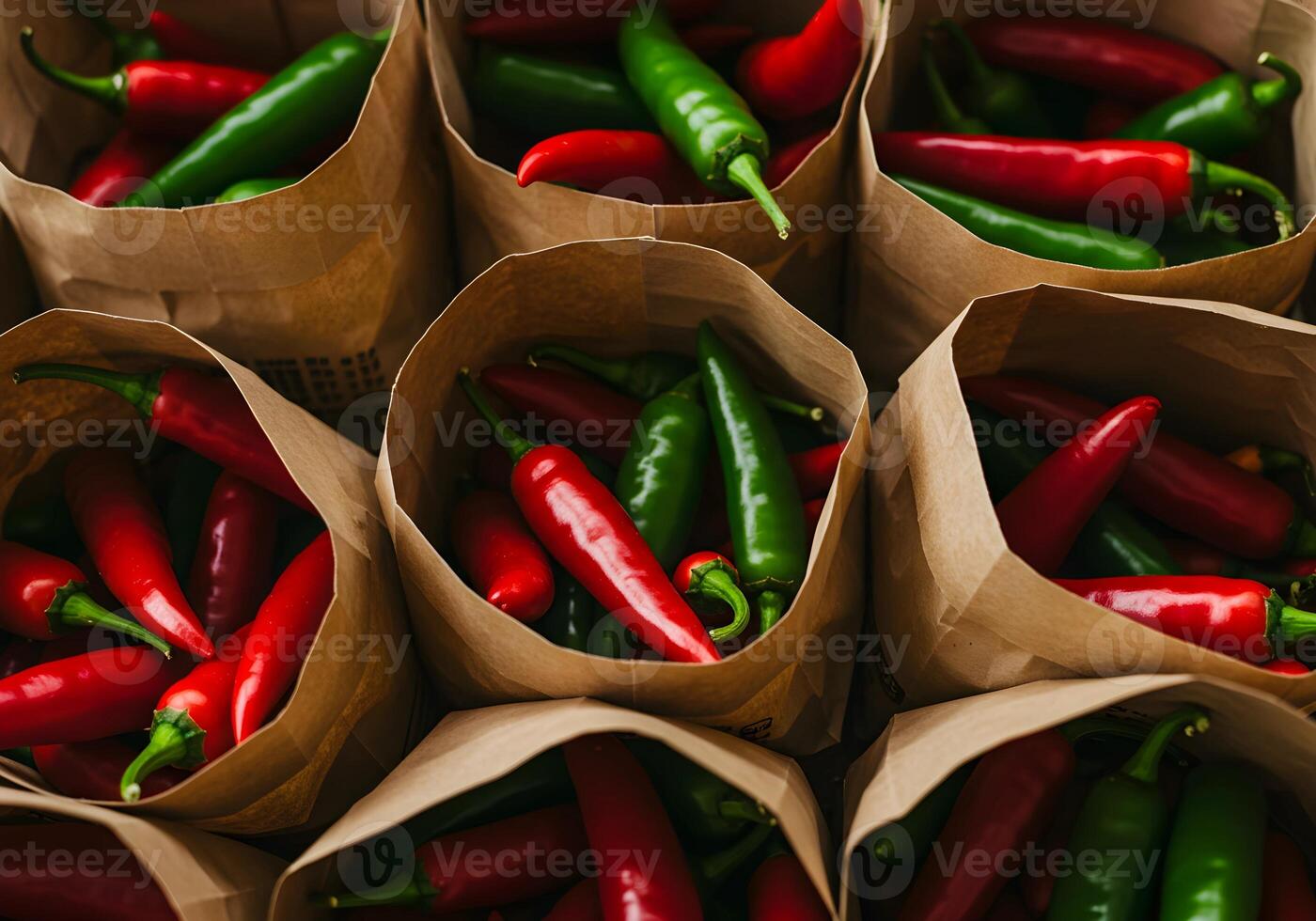 Red and Green Chili Pepper in Brown Paper Bags. photo
