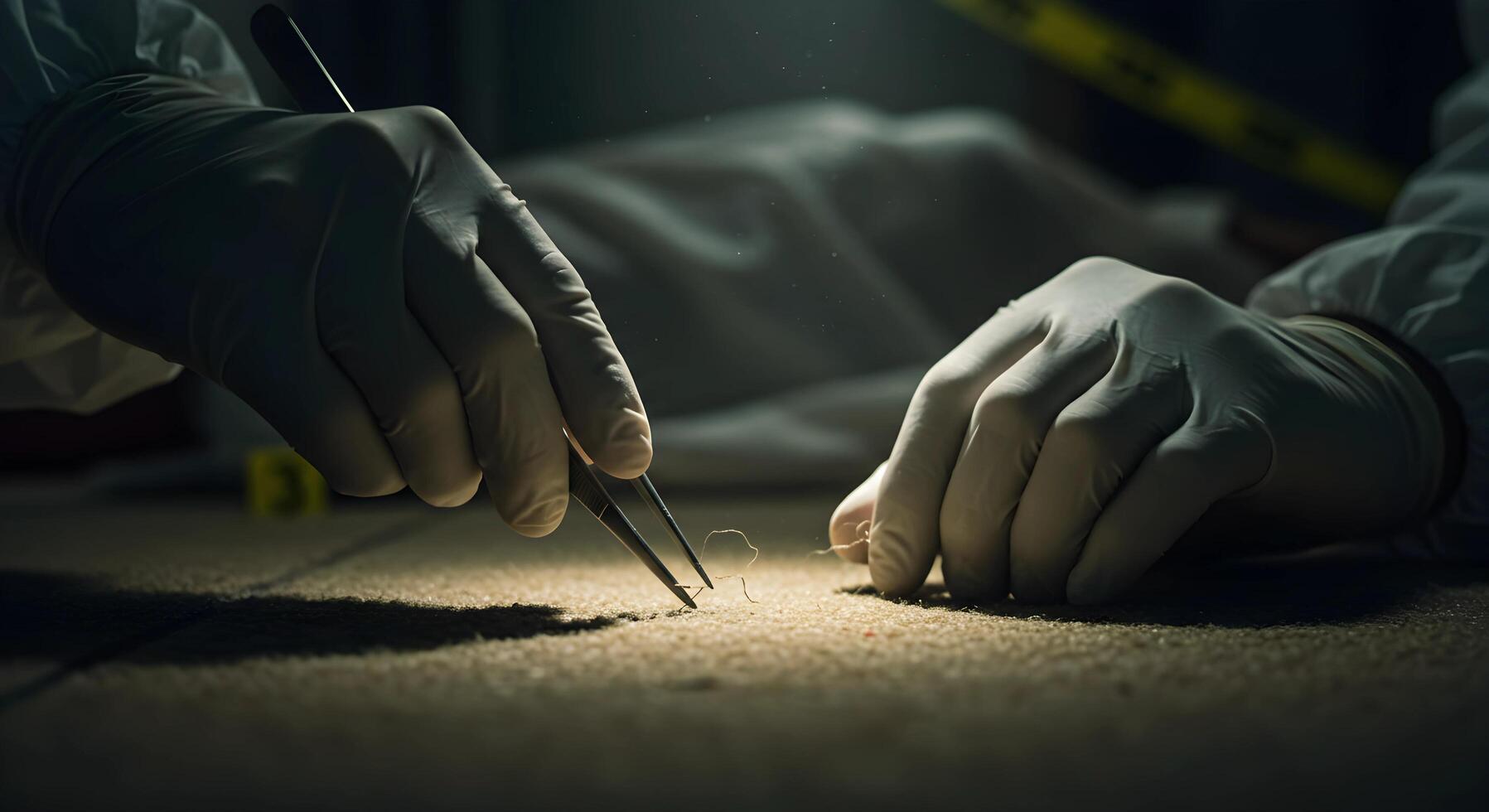 Fiber Collection at Crime Scene with Gloved Hands and Tweezers photo