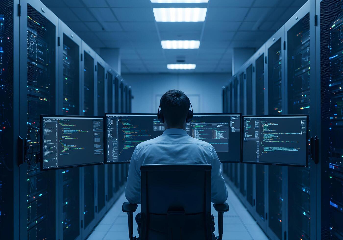 Data Center Engineer Working on Server Code photo