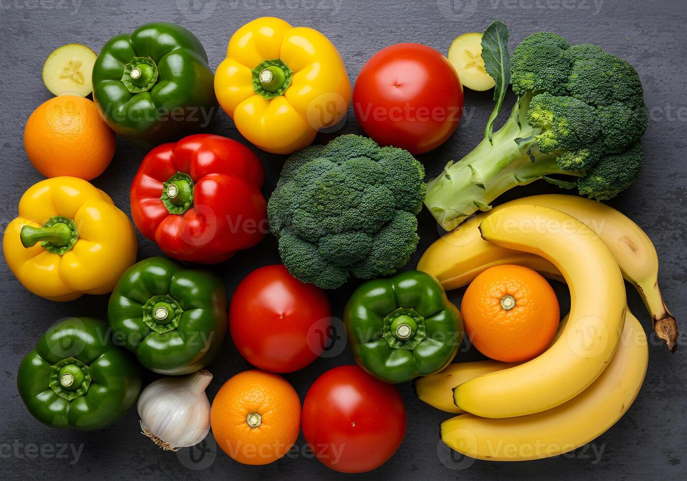 Assorted Vegetables and Fruit on Dark Surface photo