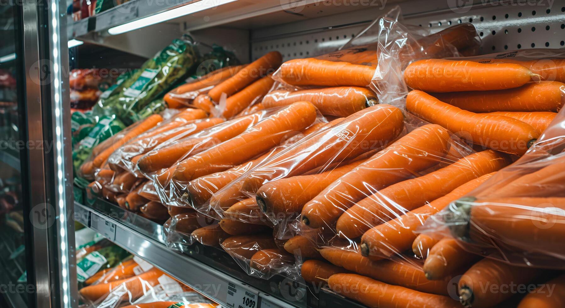 Carrots in Plastic Bags on a Supermarket Shelf photo