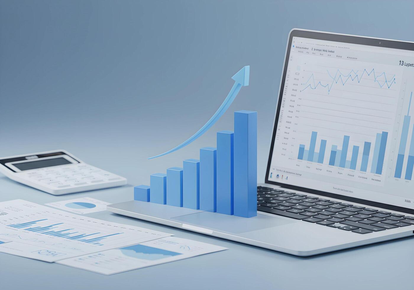 Financial Growth Chart on Laptop with Calculator and Documents photo