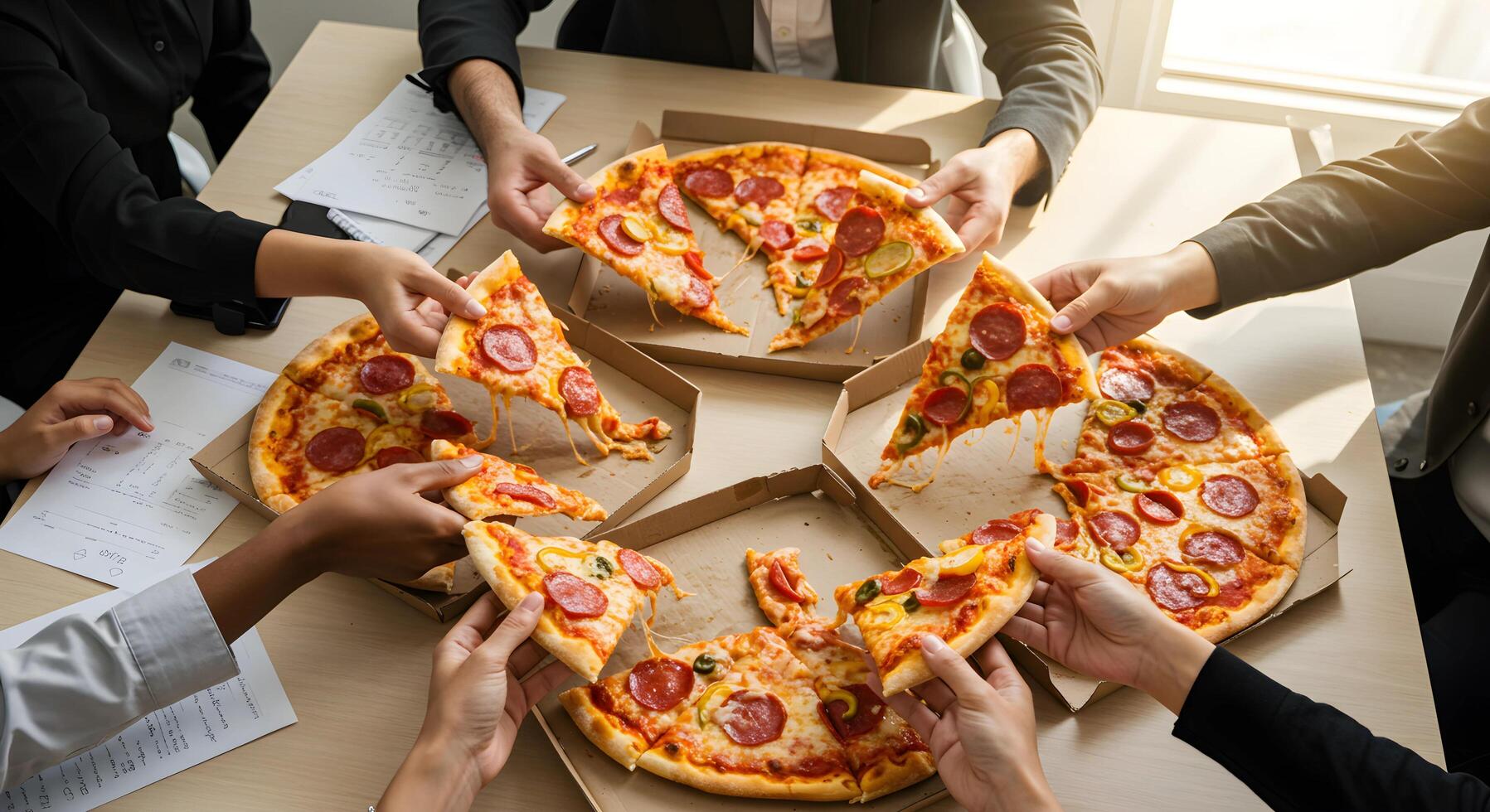 Pizza Slices Being Grabbed From Boxes by Multiple Hands photo
