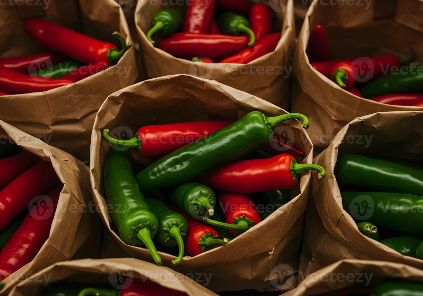 Red and Green Peppers in Bags photo