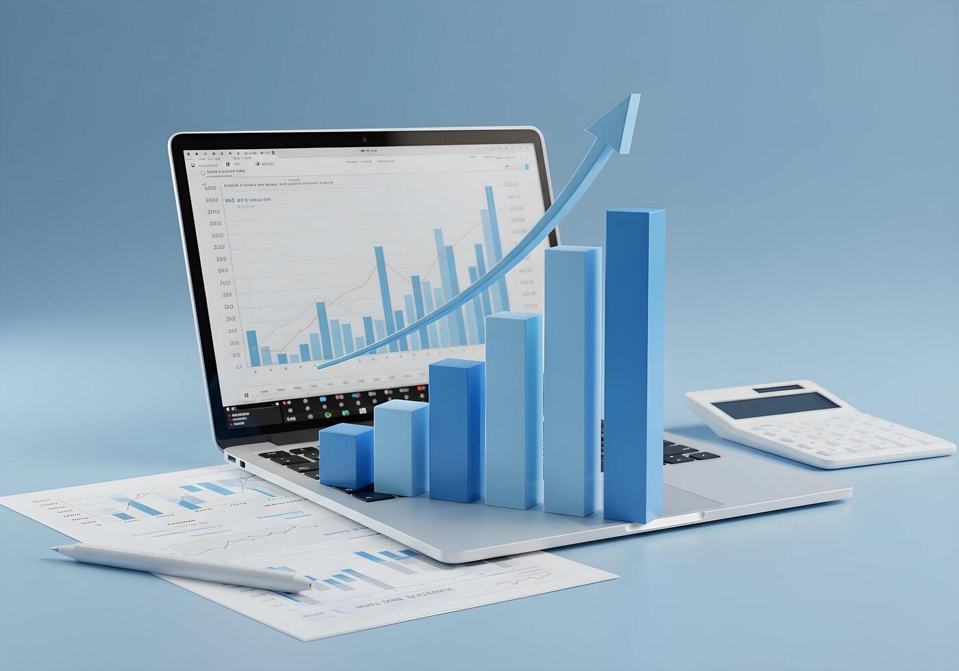 Business Graph on Laptop with Calculator and Documents photo