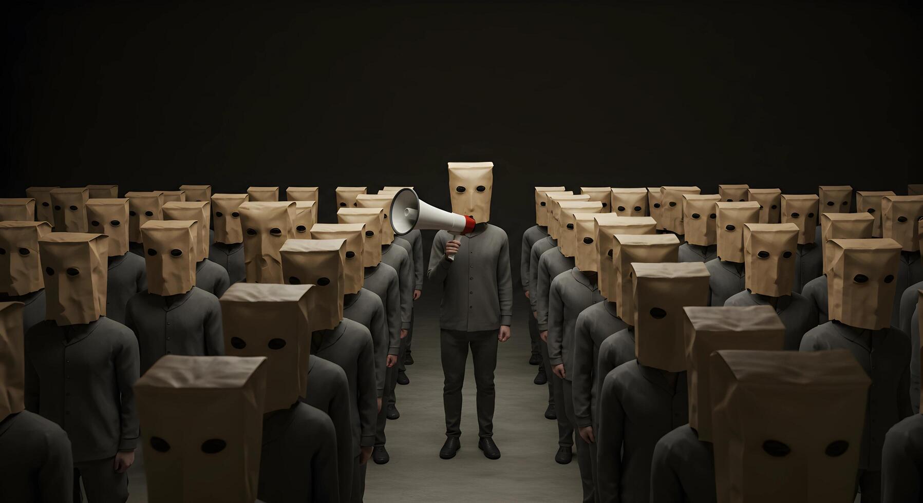 Crowd with Paper Bag Head and Megaphone photo