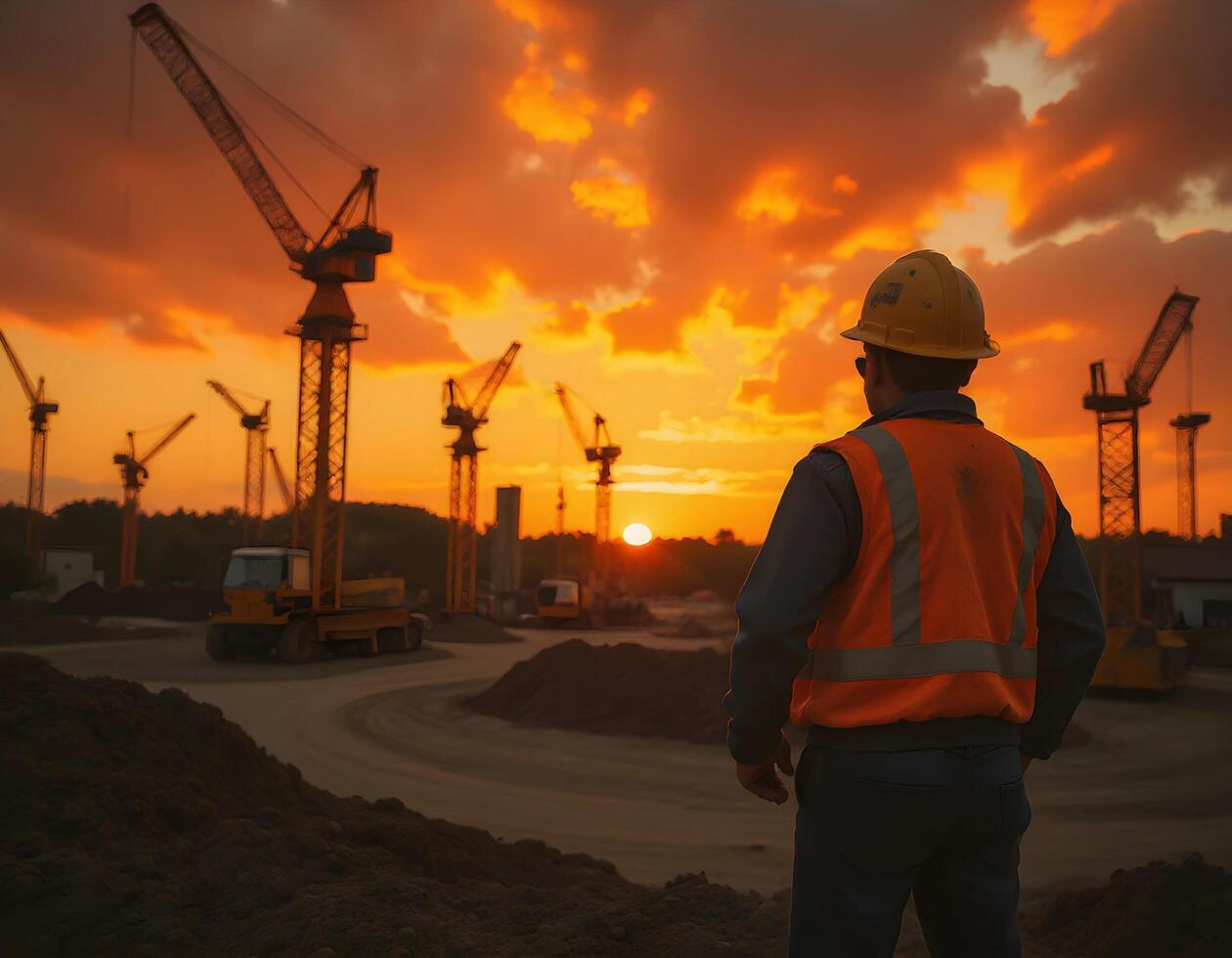 Construction Worker at Building Site with Cranes at Sunset photo