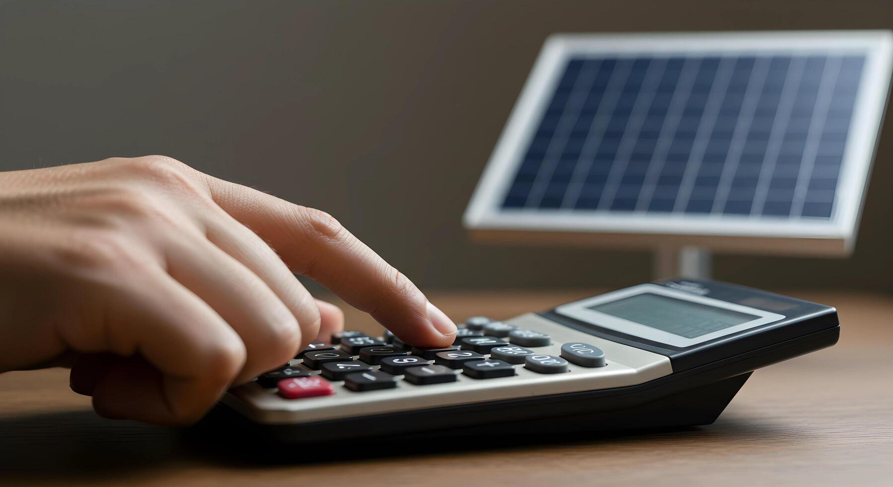 Calculator and Solar Panel Calculating Energy Costs photo