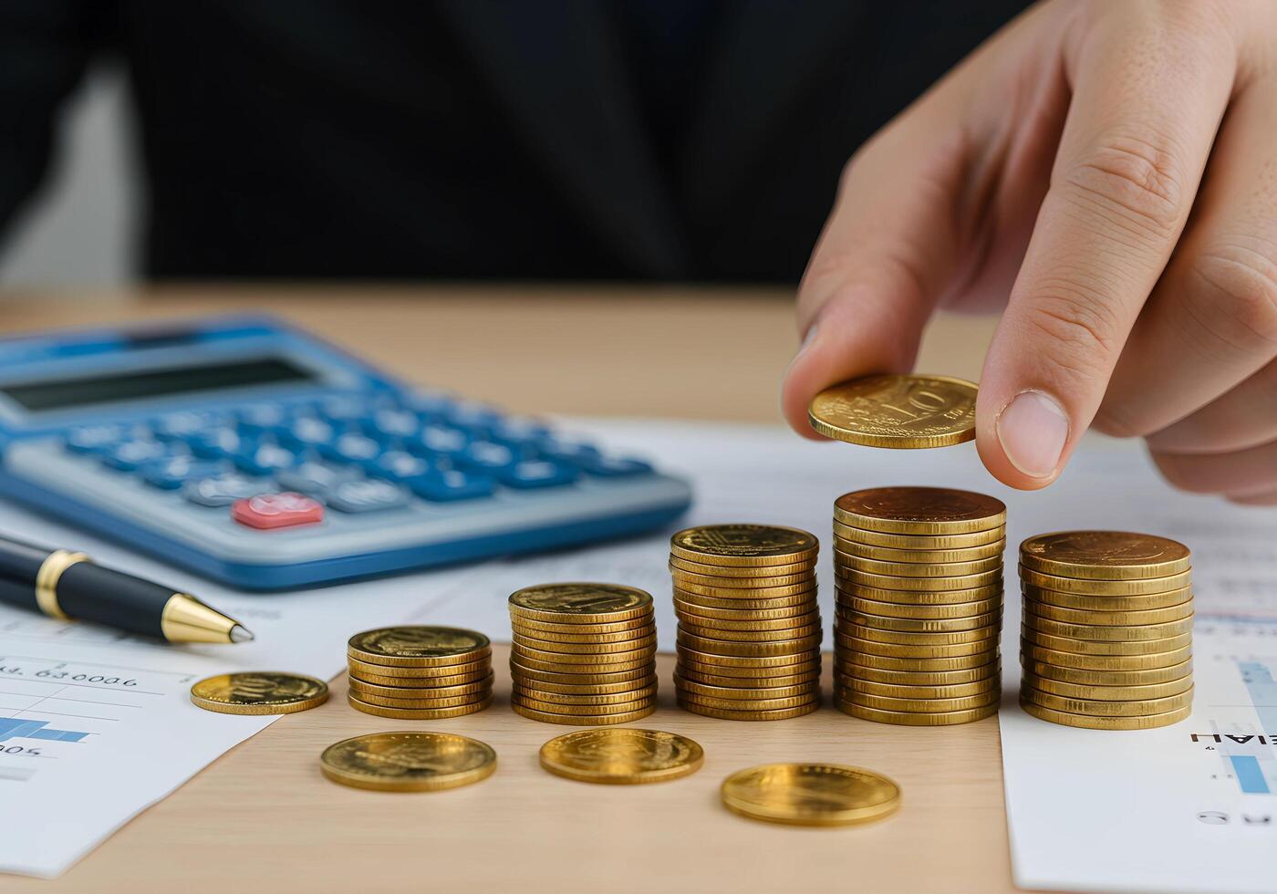 Stack of Coins on Desk with Calculator and Person Adding Another Coin photo