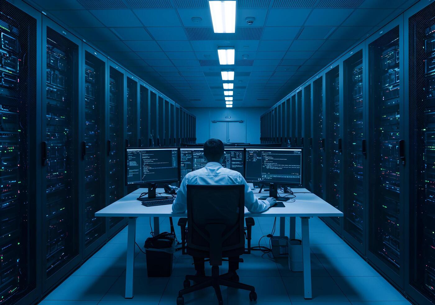 Server Room with Person Coding on Computers photo