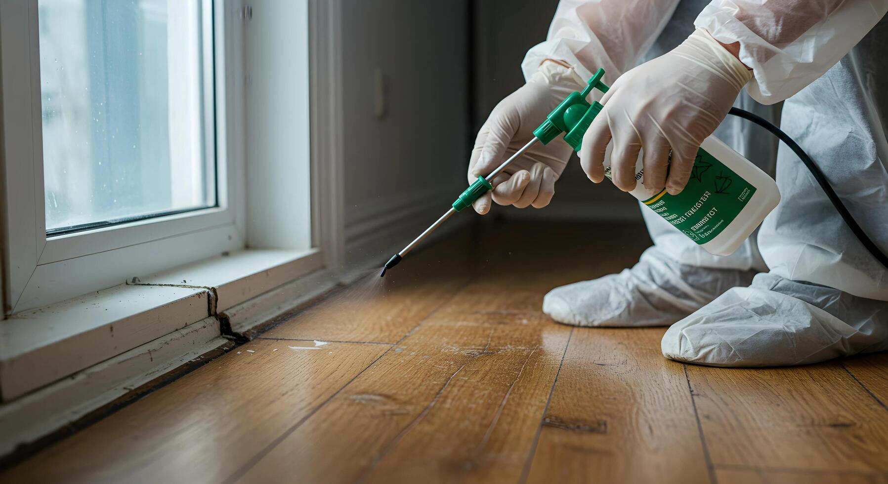 Pest Control Treatment on Wooden Floor with Spray photo
