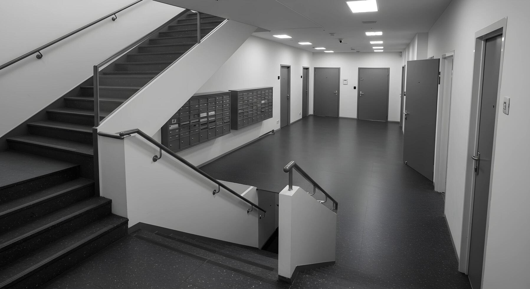Hallway with Stairs and Mailboxes in Black and White photo