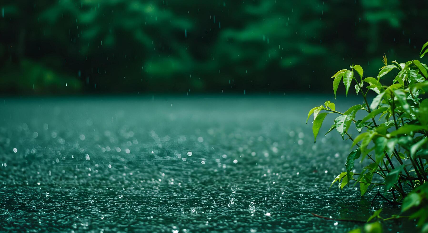 Rain Falling on Water Surface with Bush photo