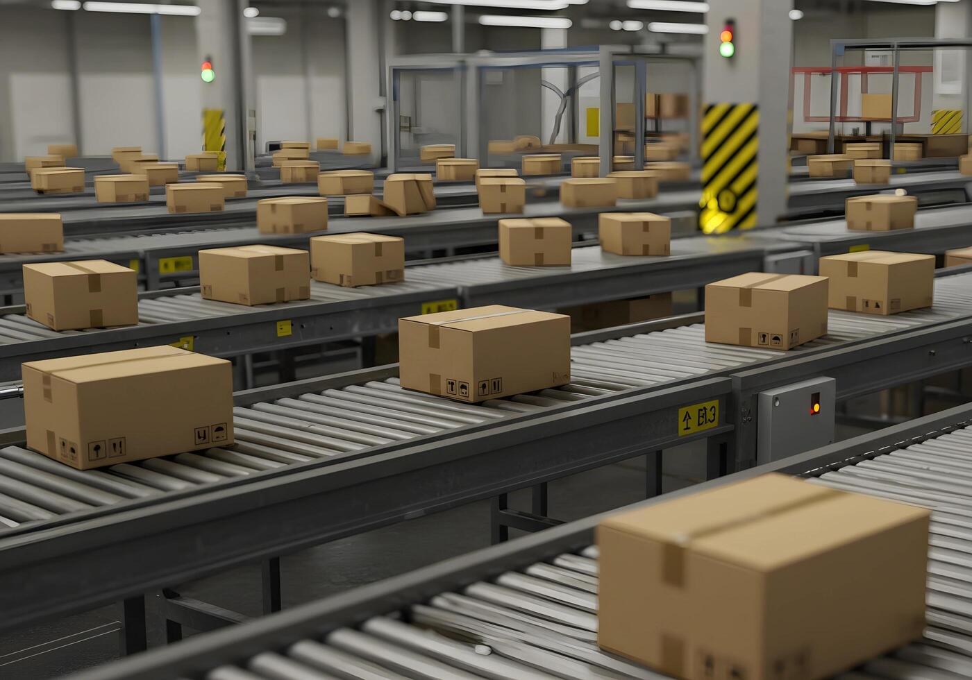 Cardboard Boxes Moving on Conveyor Belt photo