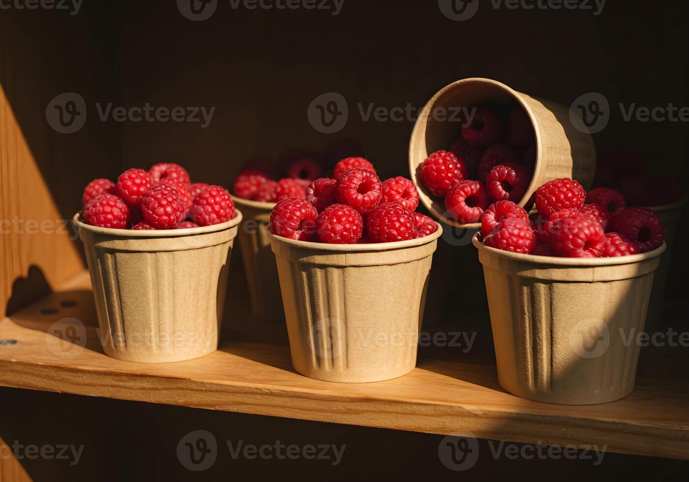 Raspberry in Paper Cup on Wooden Shelf photo