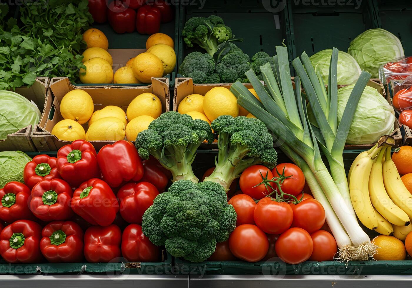 Fresh Product Display with Vegetables and Fruits photo