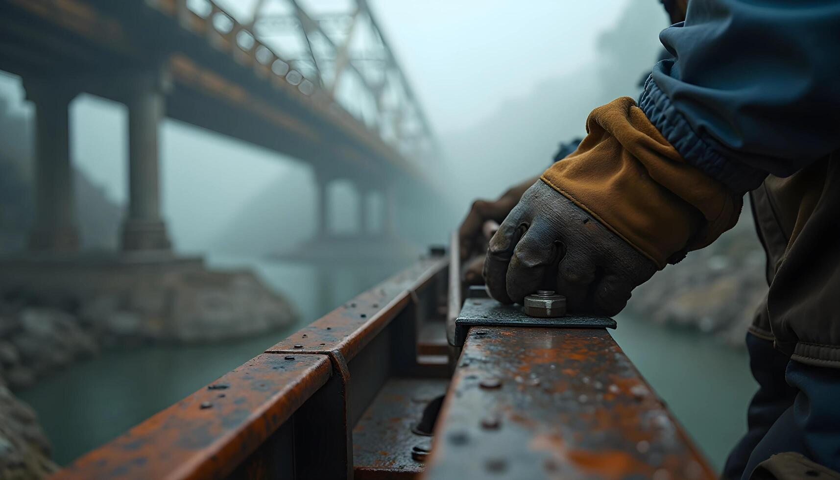 Bridge Construction Worker Securing Railing photo