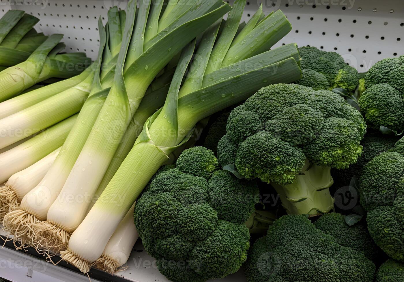 Fresh Leeks and Broccoli on Display photo