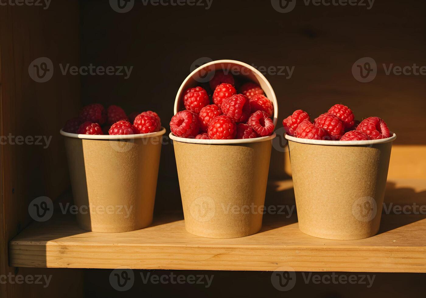 Raspberries in Paper Cups. photo