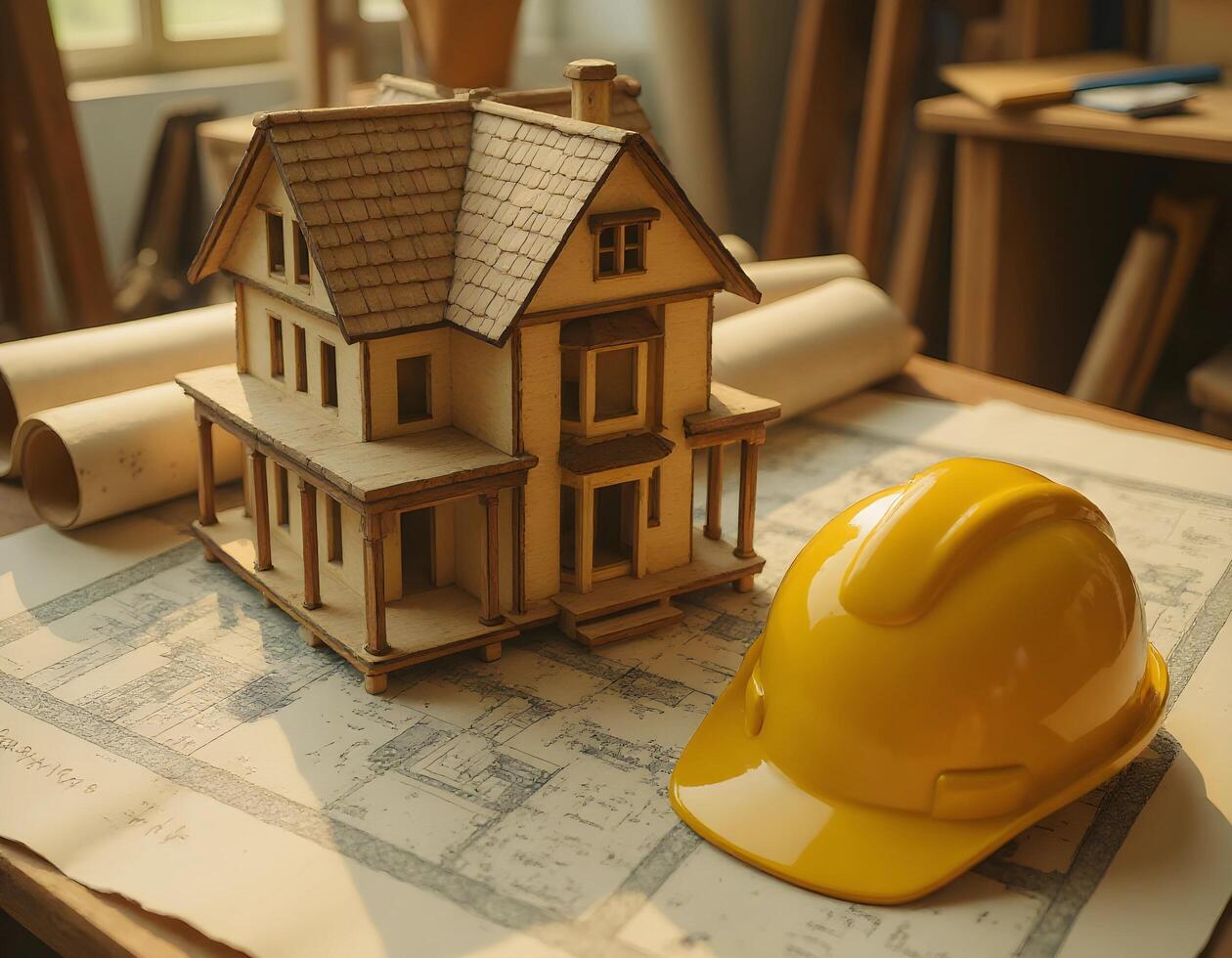 House Model on Blueprint with Hard Hat photo