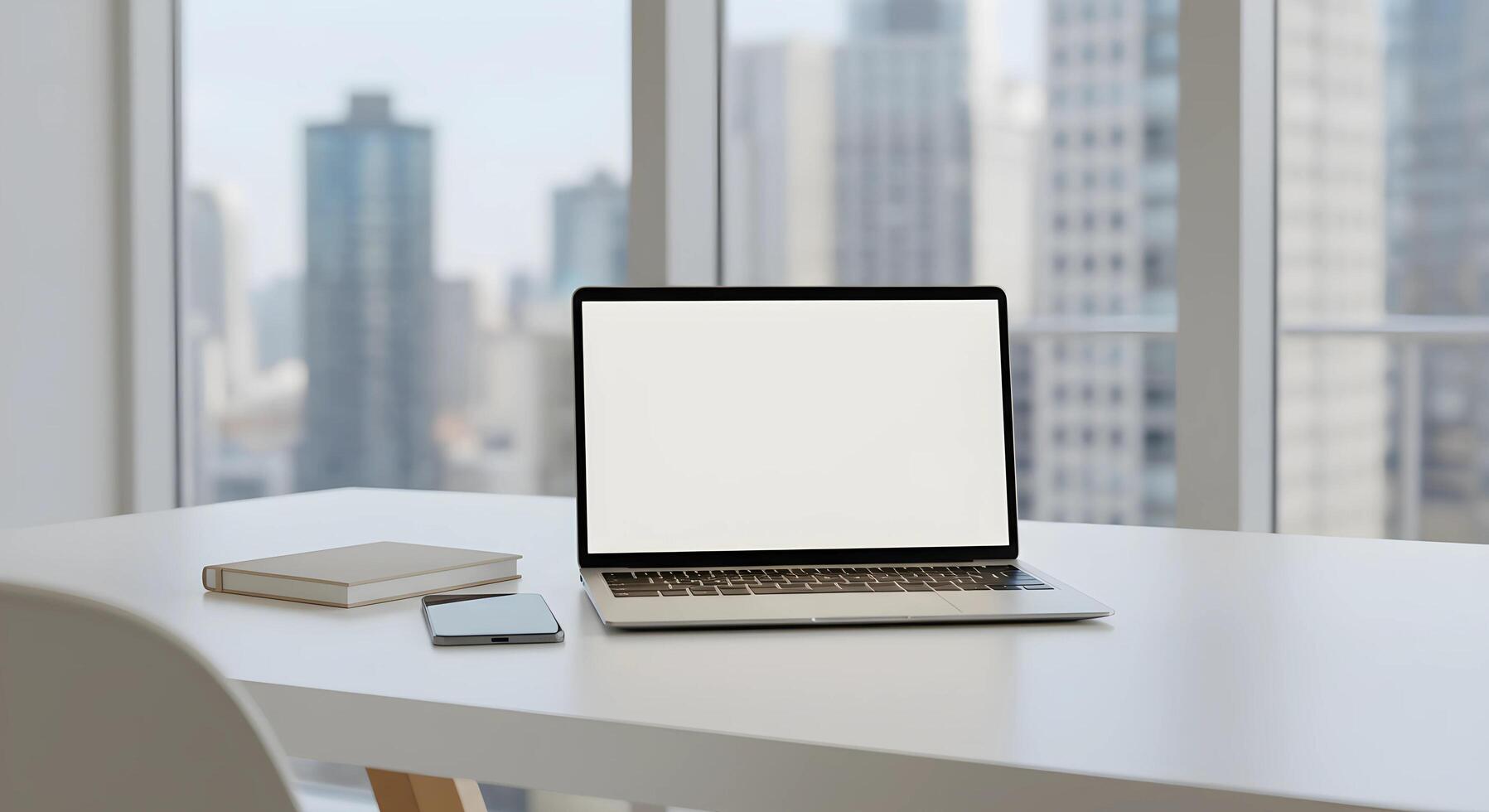 Laptop on Desk in Office Setting photo
