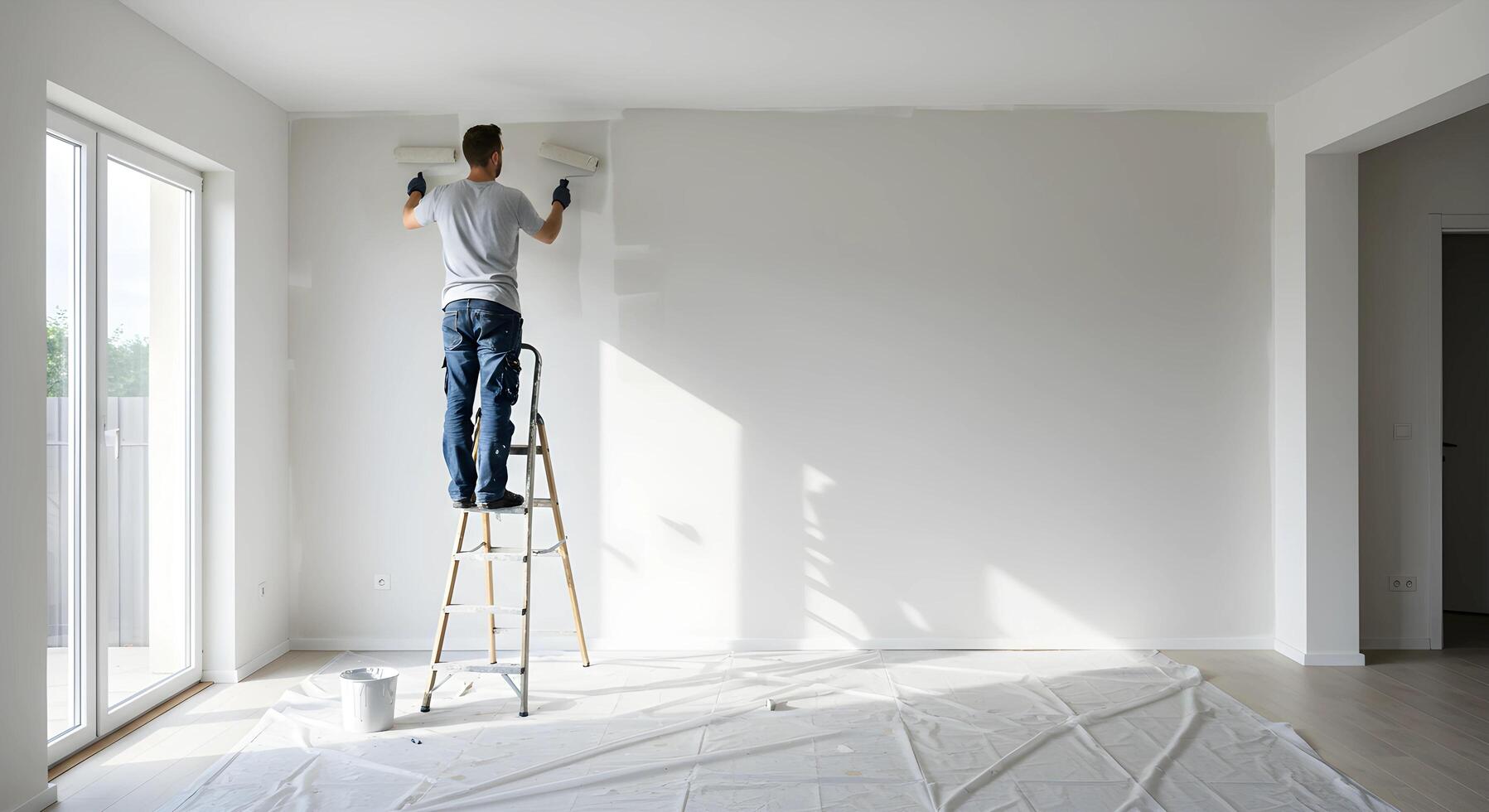 Man Paints Wall with Roller on Ladder photo