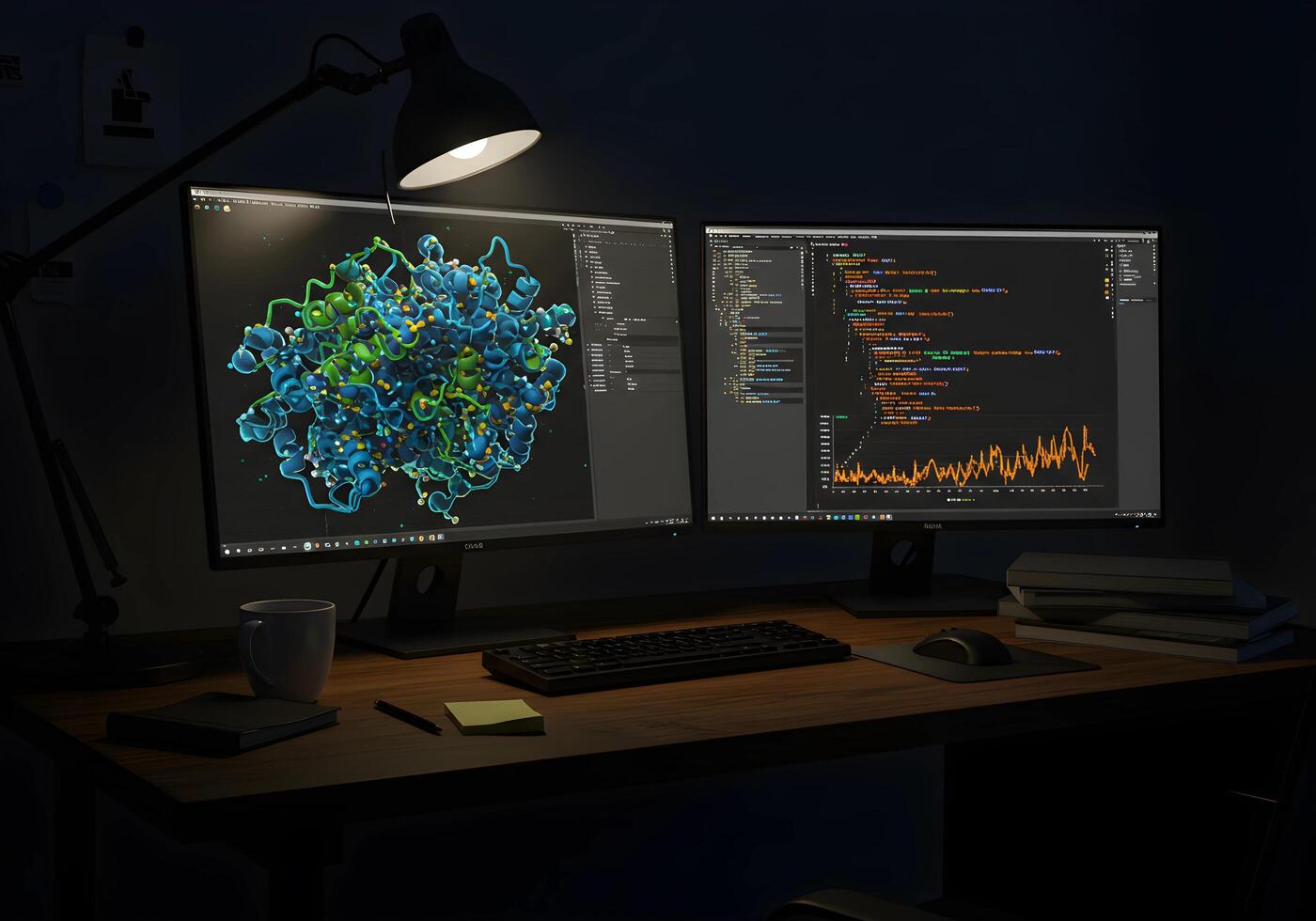 Dual Monitor Setup with Code and 3d Rendering photo