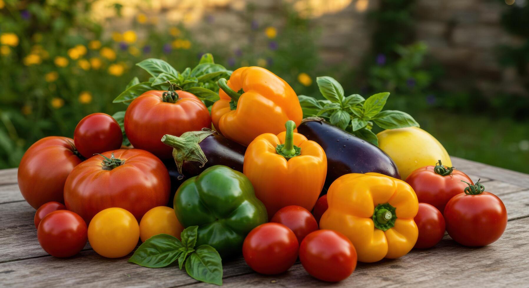 Vibrant Garden Vegetables A Rustic Still Life of Tomatoes, Peppers, and Eggplant photo