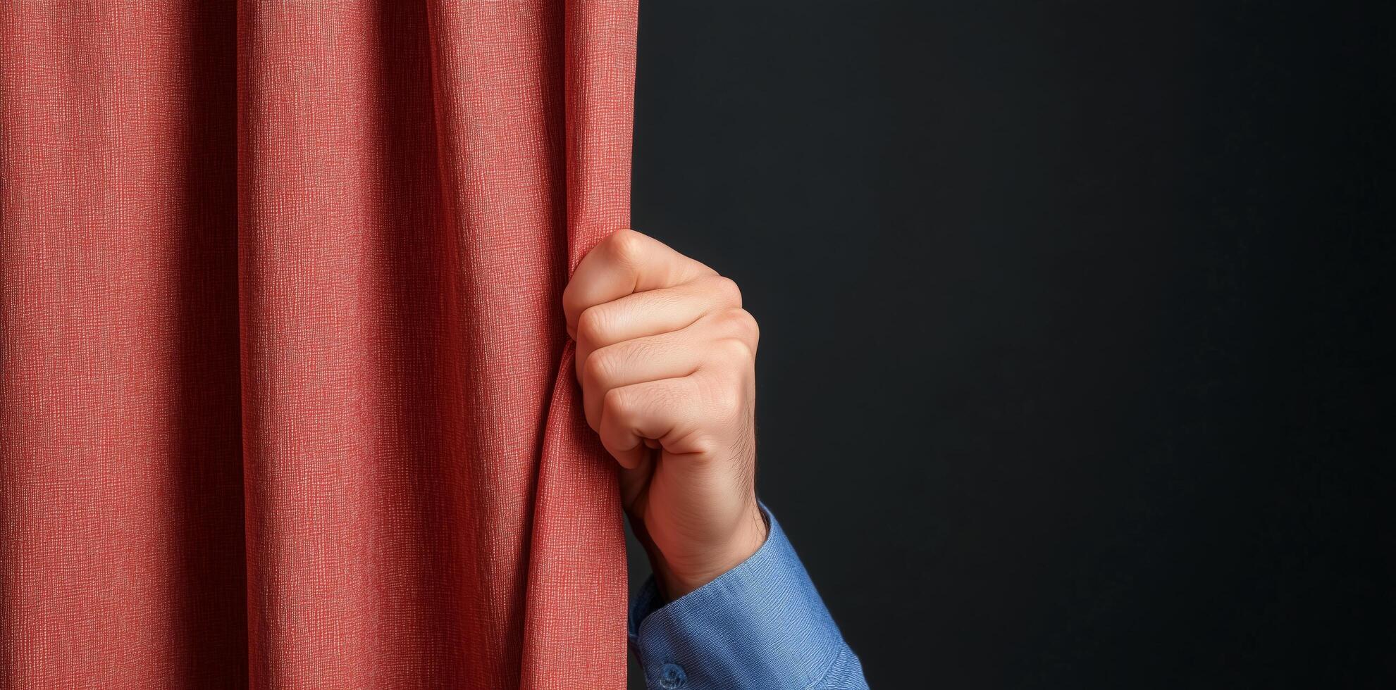Hand pulls back red curtain, revealing sense of mystery and anticipation against dark background, embodying drama of theater performance. Stage concept photo