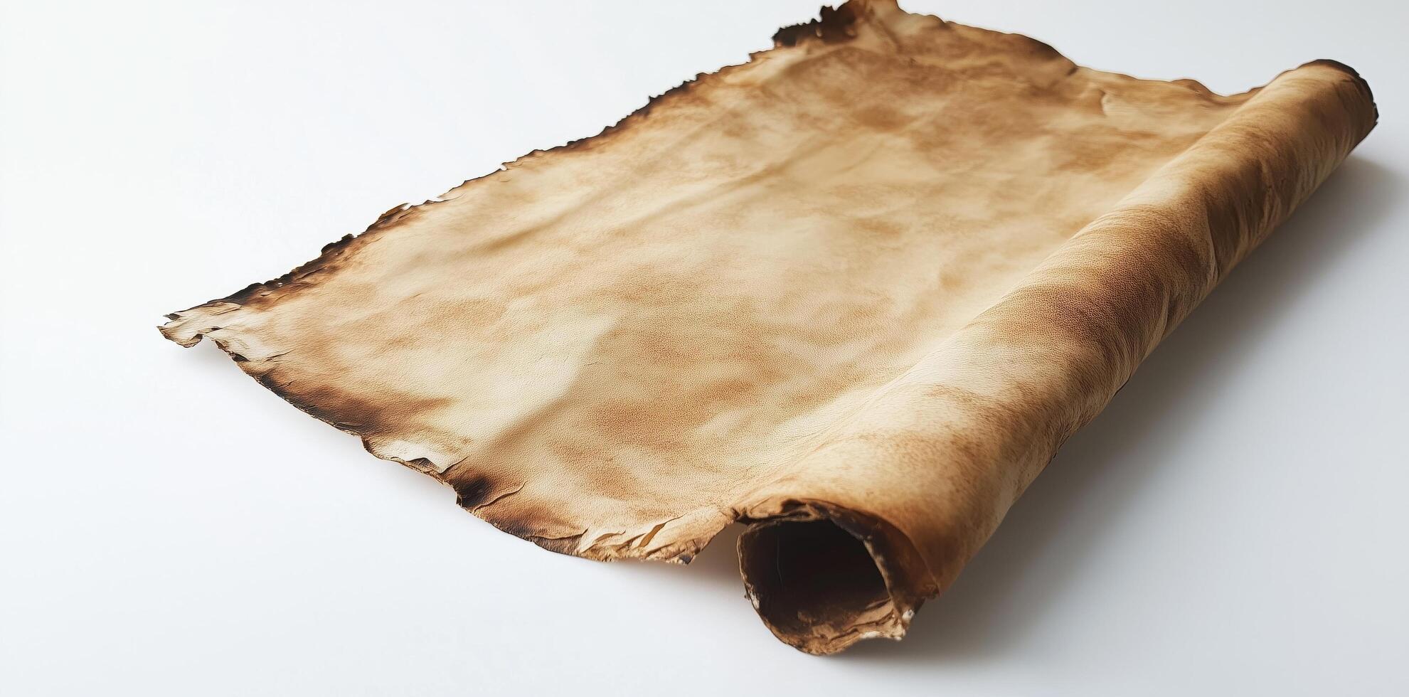 Aged parchment scroll with burnt edges and vintage texture isolated on white background, history and ancient manuscripts concept photo
