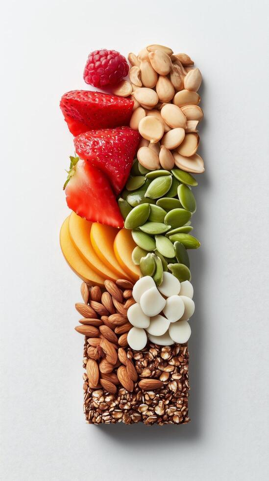 Vertical image of energy bar featuring almonds, white chocolate, and fresh fruits like on white background. Food photography concept photo