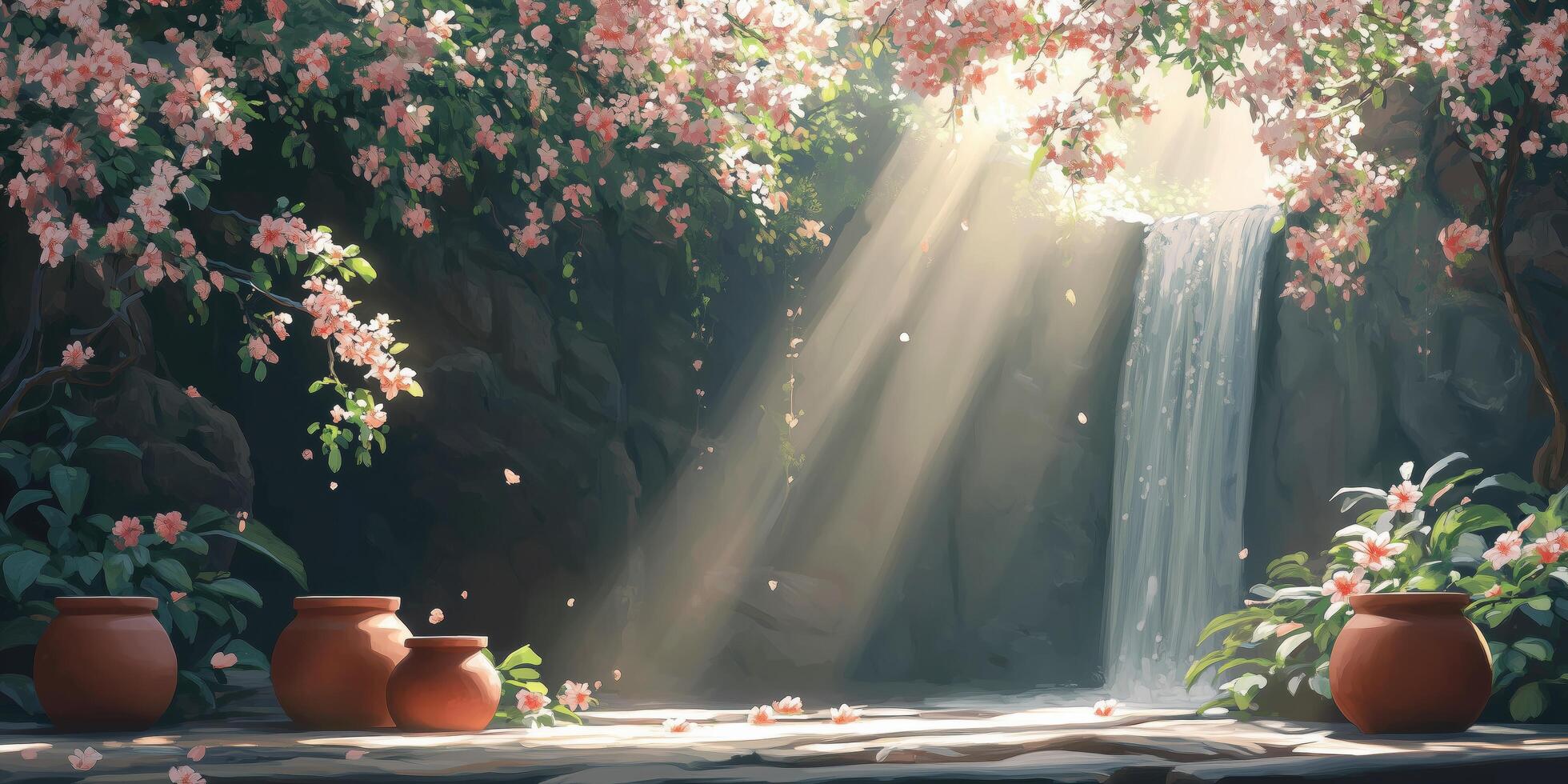 A serene garden scene featuring a gentle waterfall cascading through flowering trees, illuminated by soft sunbeams. Nature relaxation and zen garden concept photo