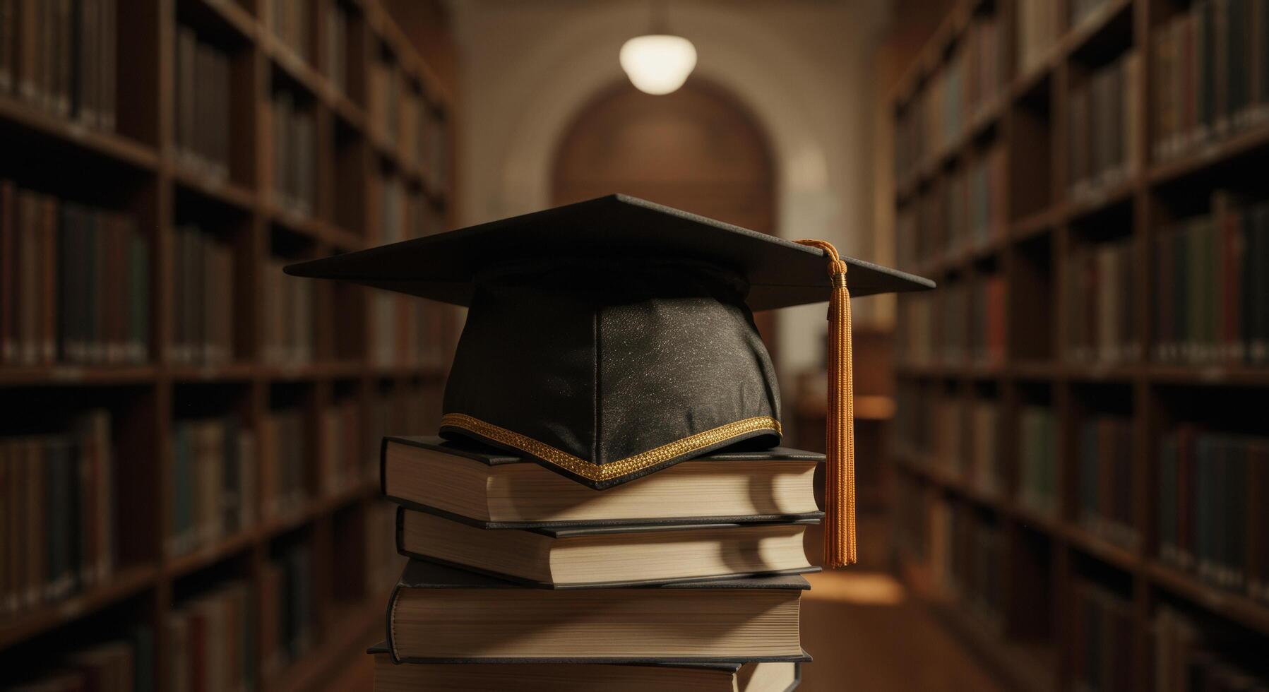 Graduation Cap Atop Books in Serene Library photo
