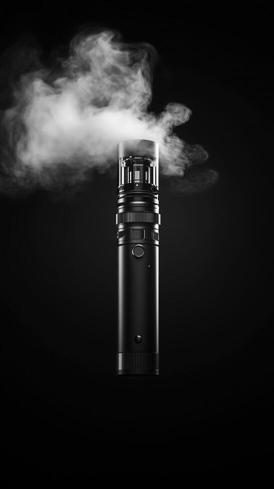 Monochrome image of a vaping device emitting vapor against a black background, creating a dramatic and stylish effect. Vaping concept photo