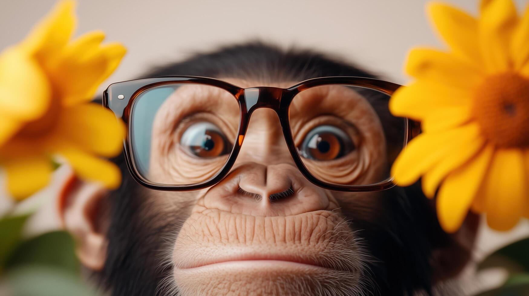 A Curious Chimpanzee Wearing Glasses Examines Vibrant Yellow Flowers Up Close photo