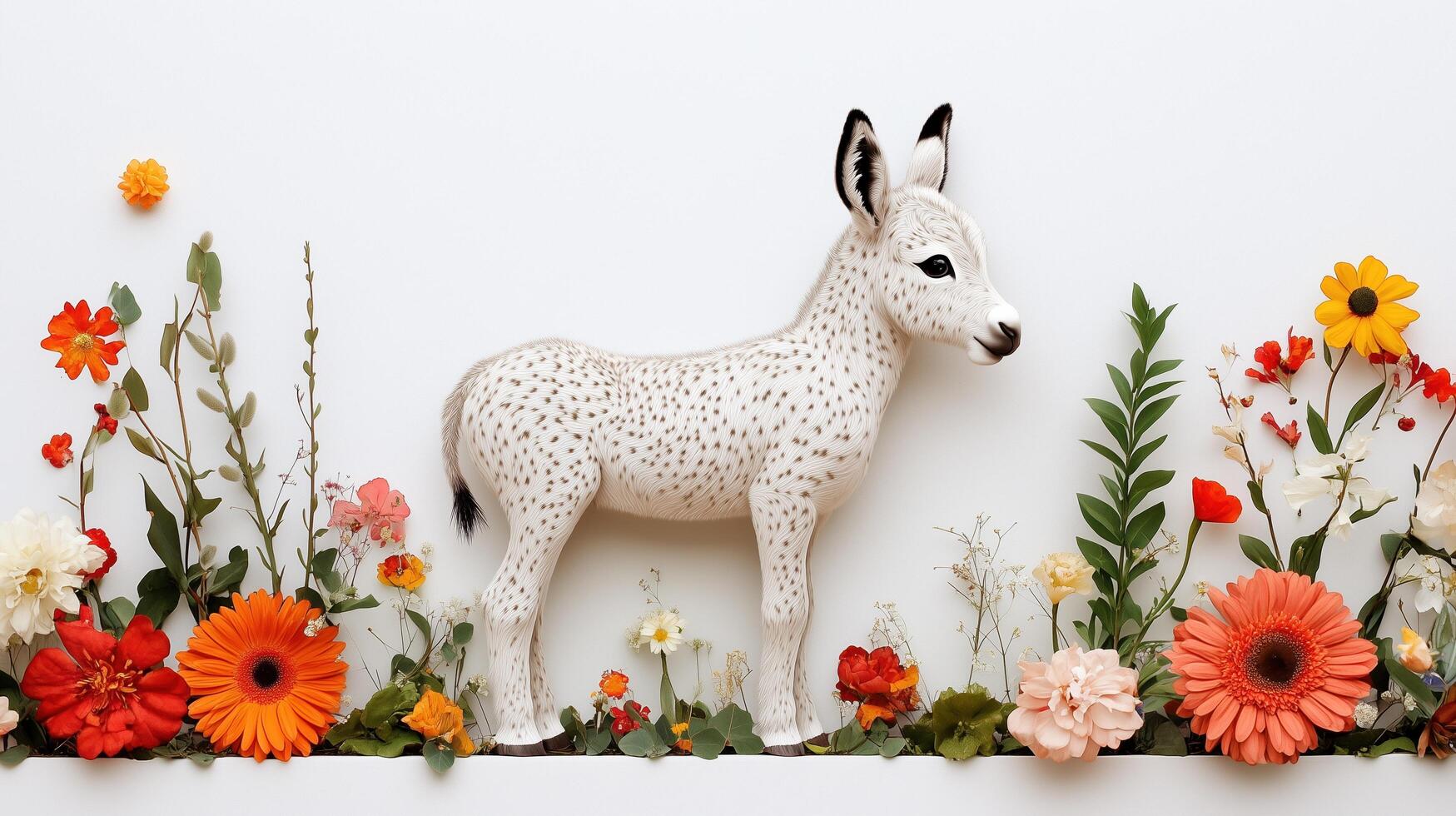 Adorable Spotted Donkey Figurine Amidst Vibrant Spring Flowers in a Delicate Still Life Composition photo