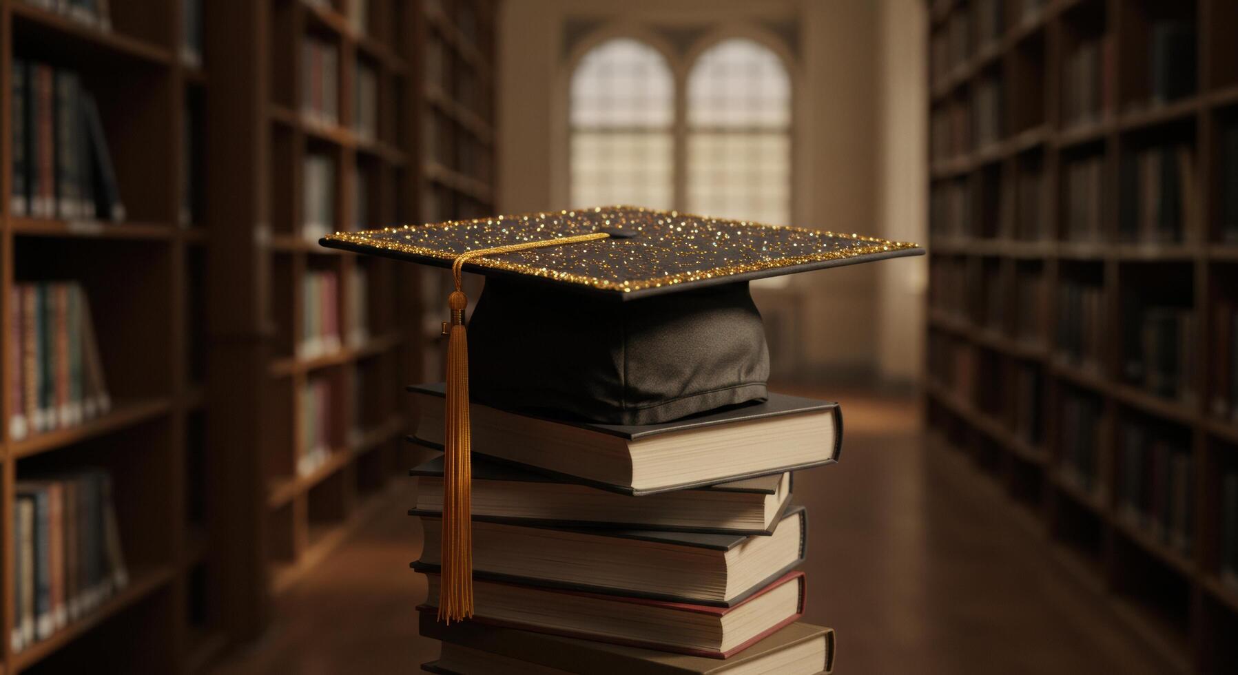 Graduation Cap Atop Books in a Classic Library Elegant and Scholarly photo