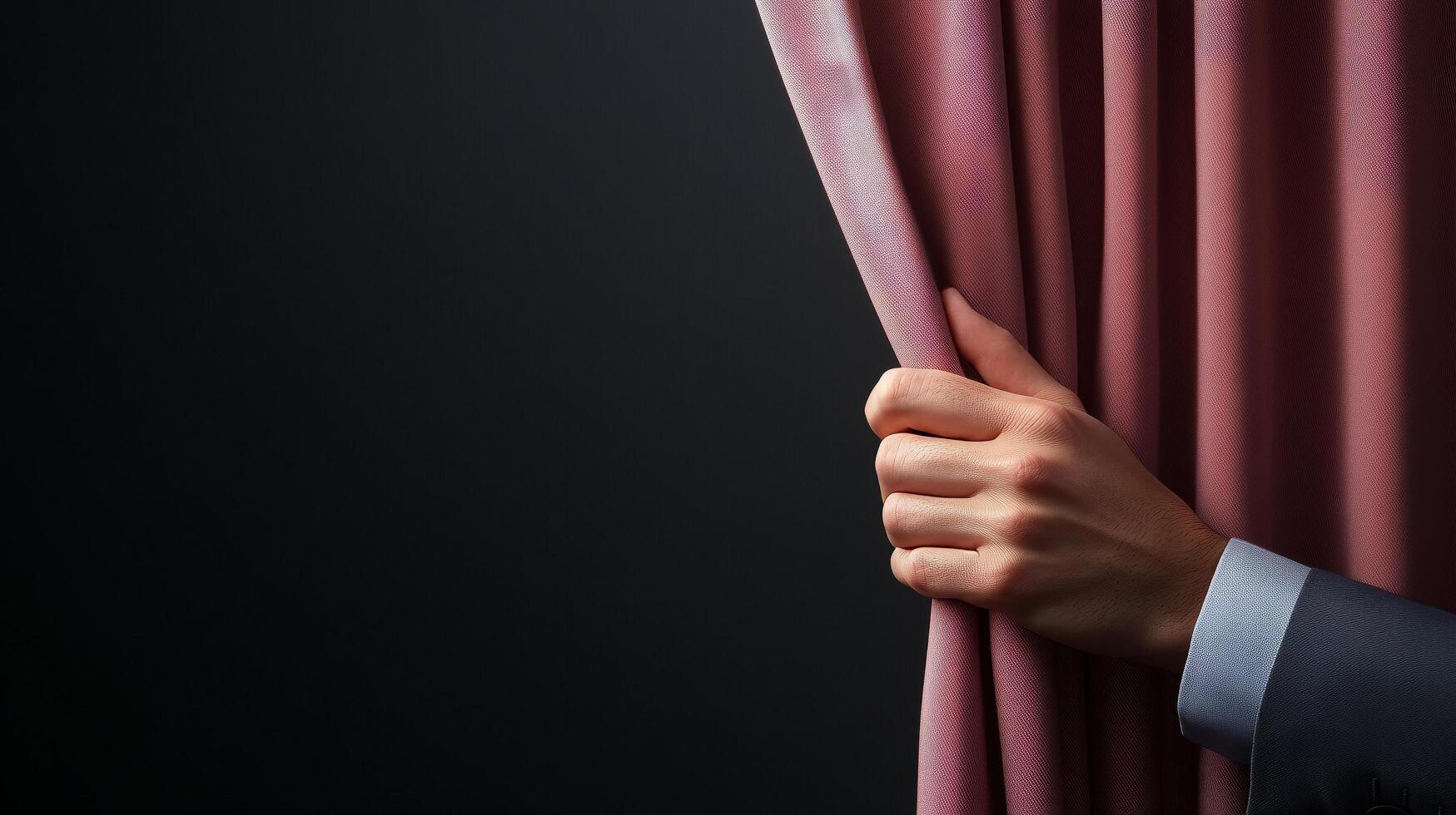 Hand in business suit pulls back pink curtain against dark background, sense of anticipation and mystery. Business concept photo