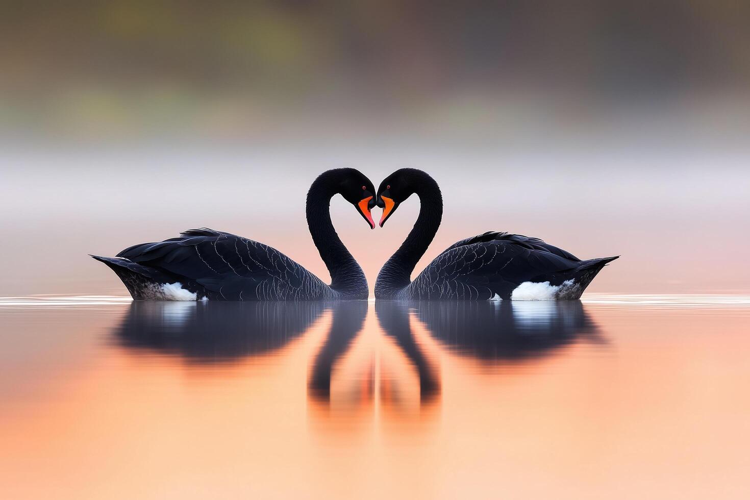 Two Black Swans Forming a Heart Shape on a Calm Lake at Sunrise photo