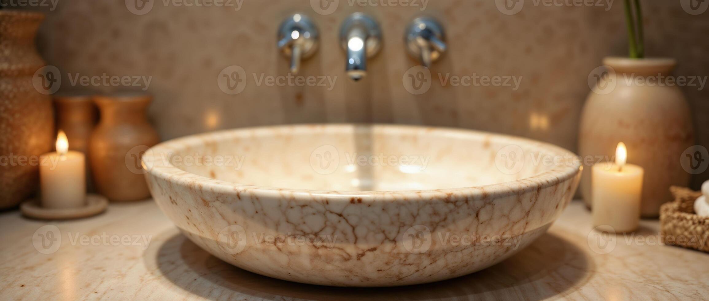 Elegant bathroom sink with marble texture and candlelight photo