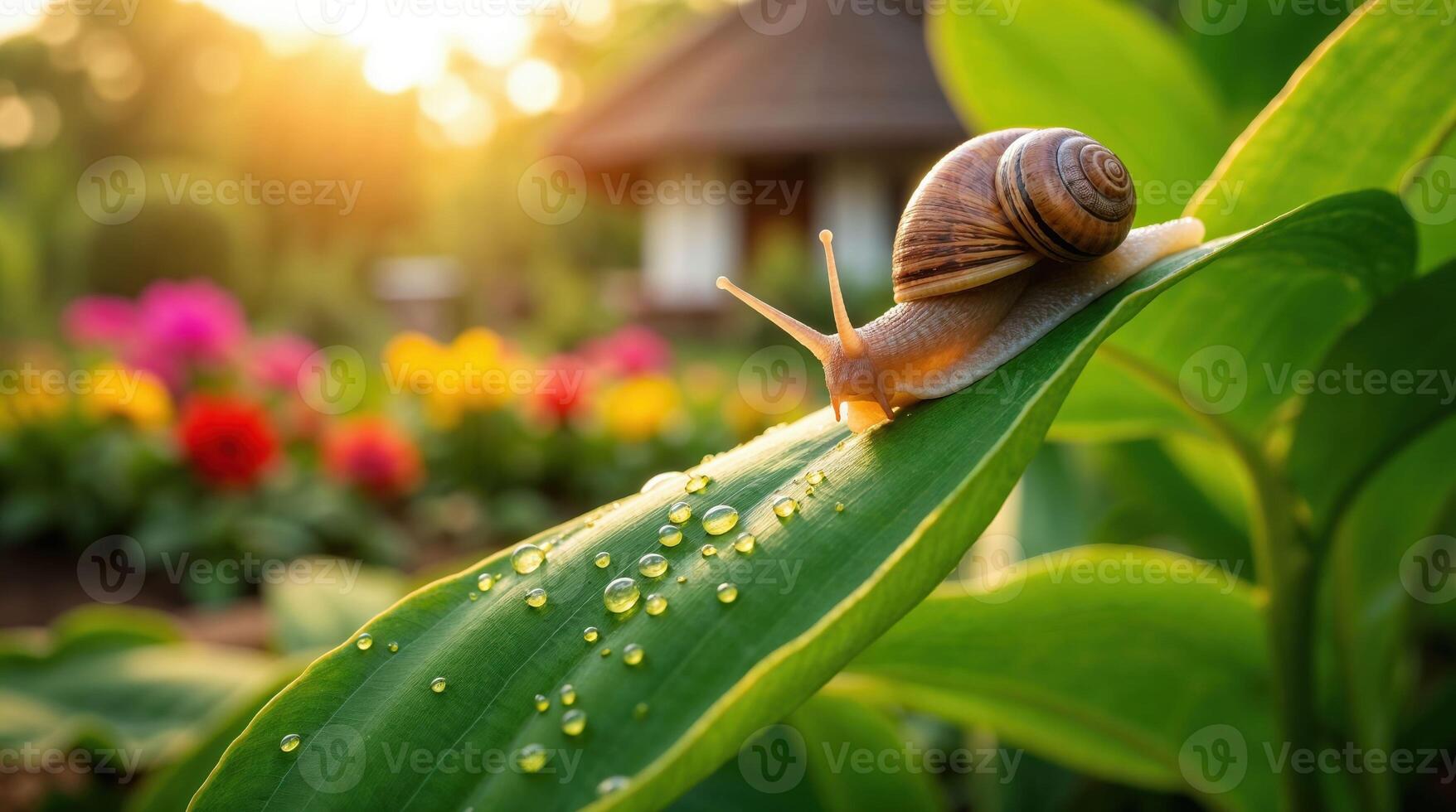 Snail Crawling on Wet Leaf at Sunset in Garden photo