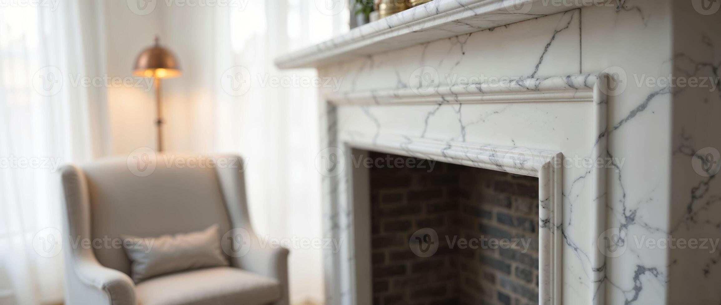 Elegant marble fireplace and cozy armchair in stylish room photo