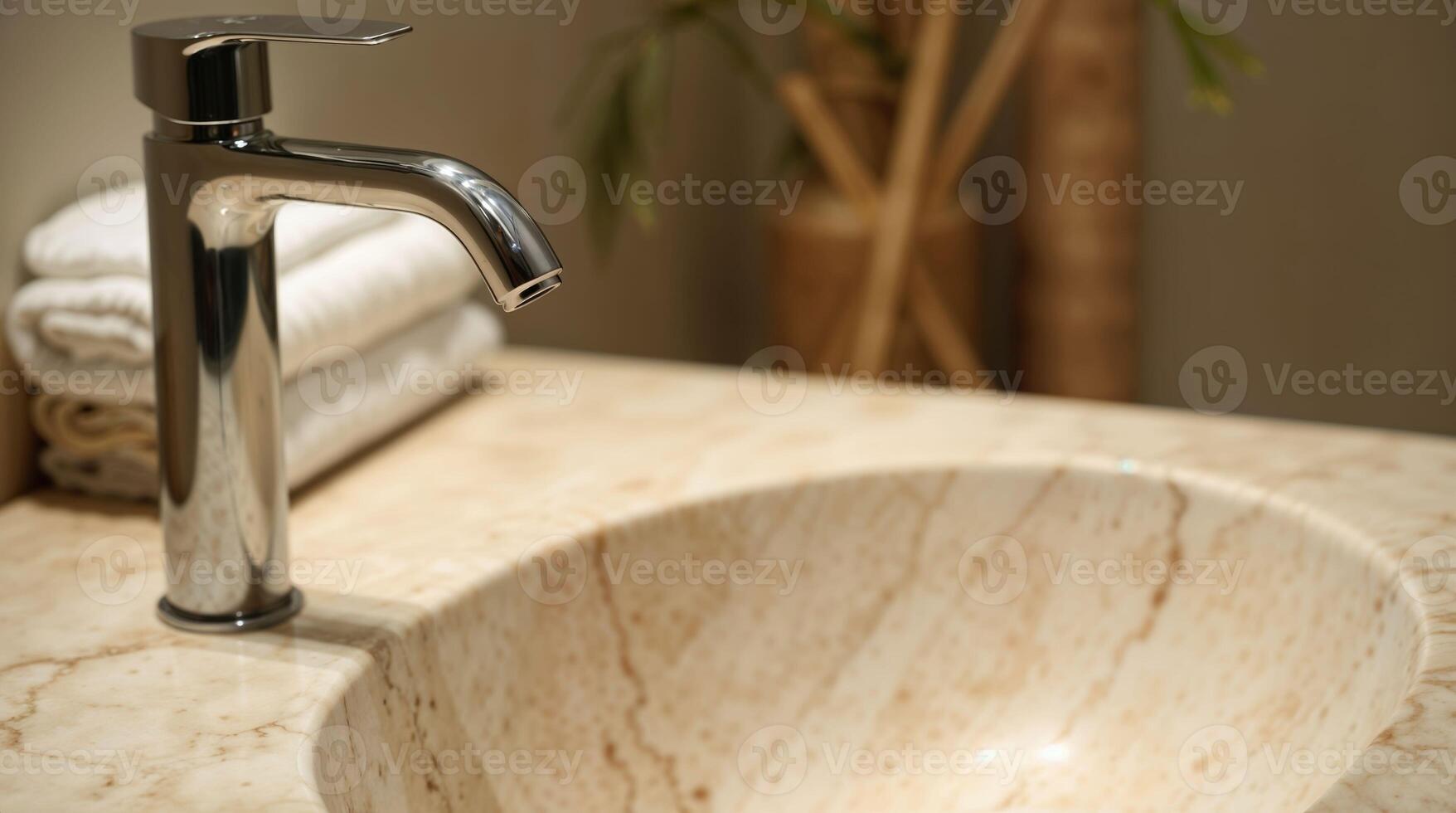 Modern Chrome Faucet with Marble Sink and Bathroom Towels photo