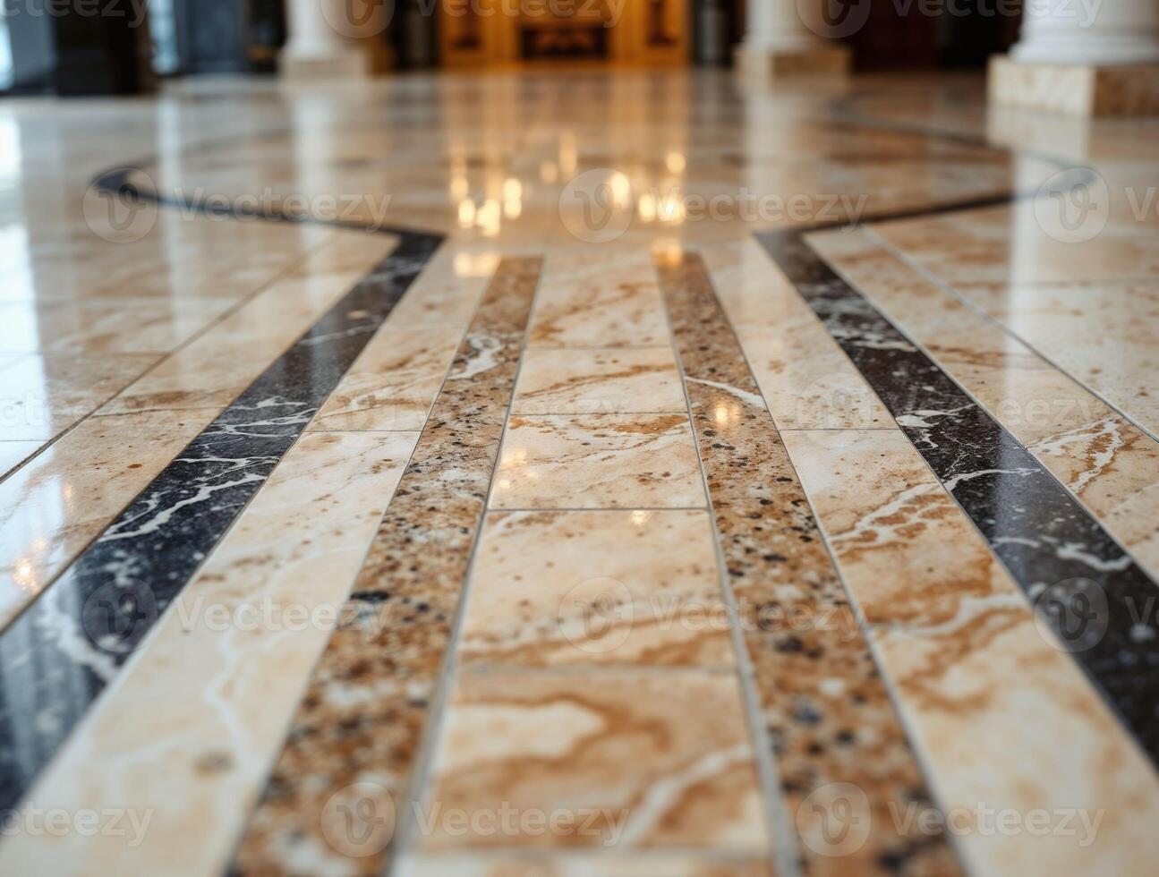 Elegant Polished Marble Floor with Intricate Decorative Pattern Design photo