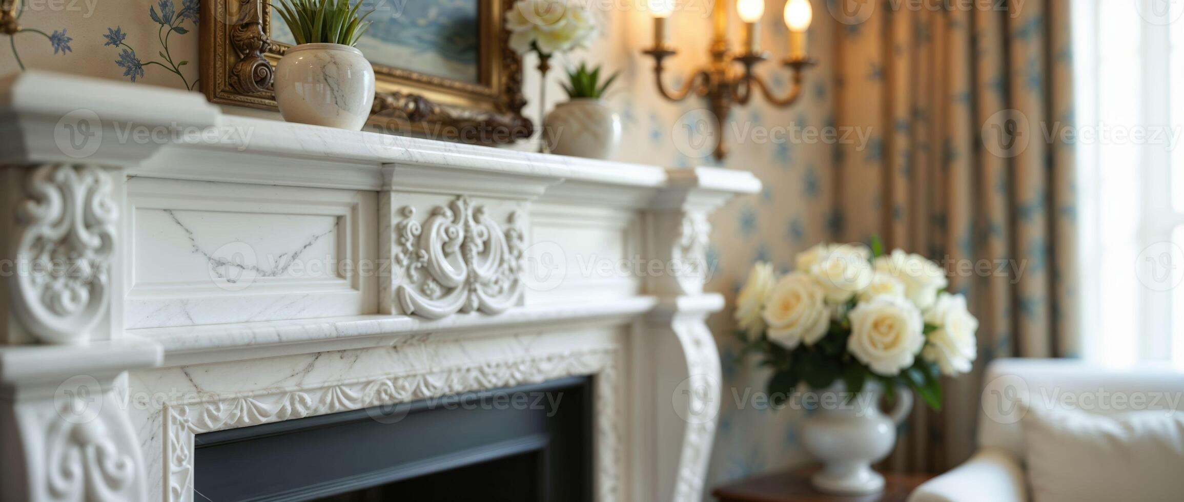 Ornate White Marble Fireplace with Classic Decor in Living Room photo