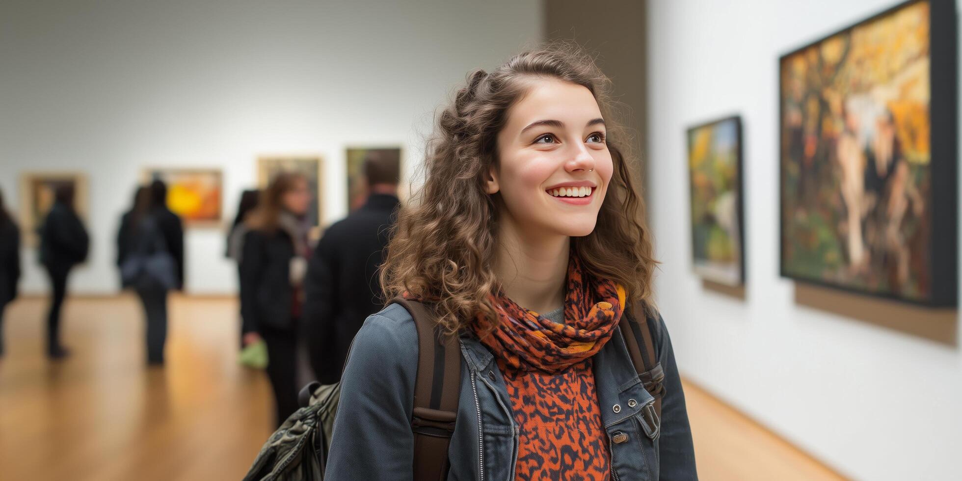 Young woman smiles with joy while appreciating artwork in an art gallery, the spirit of culture and education. Happy museum visitor photo