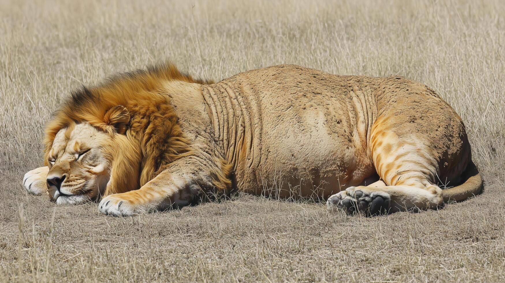 Majestic African Lion Resting in Serengeti Grassland A Peaceful King of the Jungle Slumbering in the Sun photo