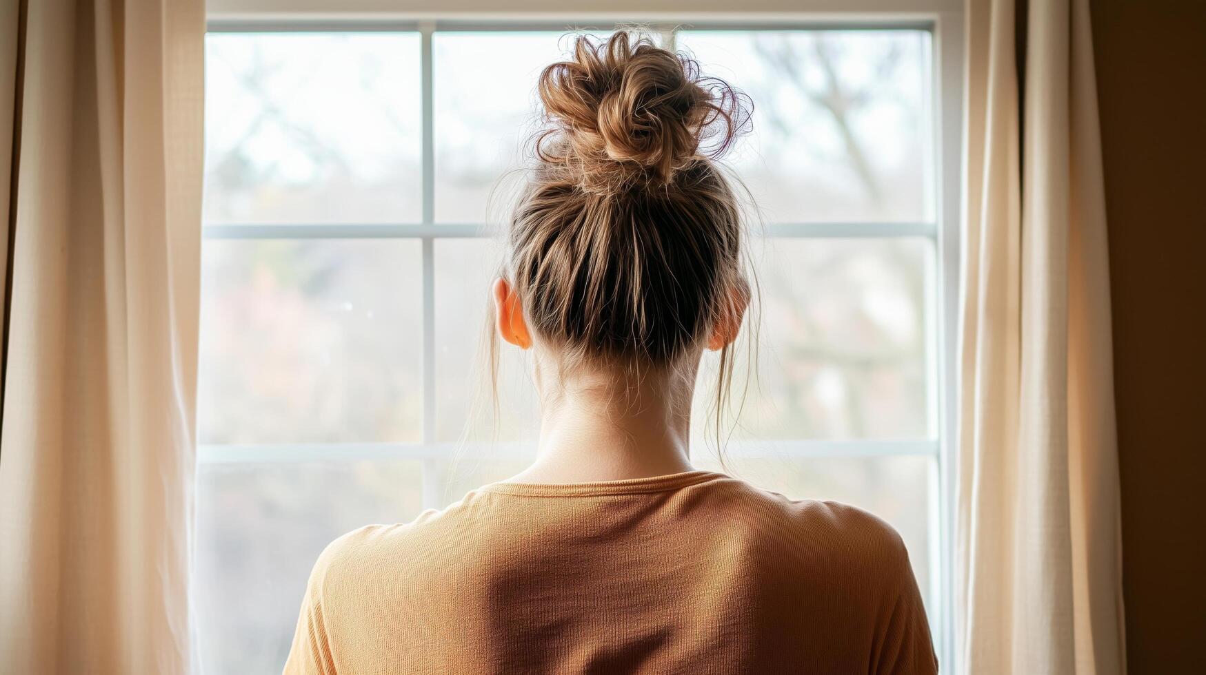 Woman with messy bun looking out of a window in contemplation, reflecting on solitude and hopefulness. Introspective moment concept photo